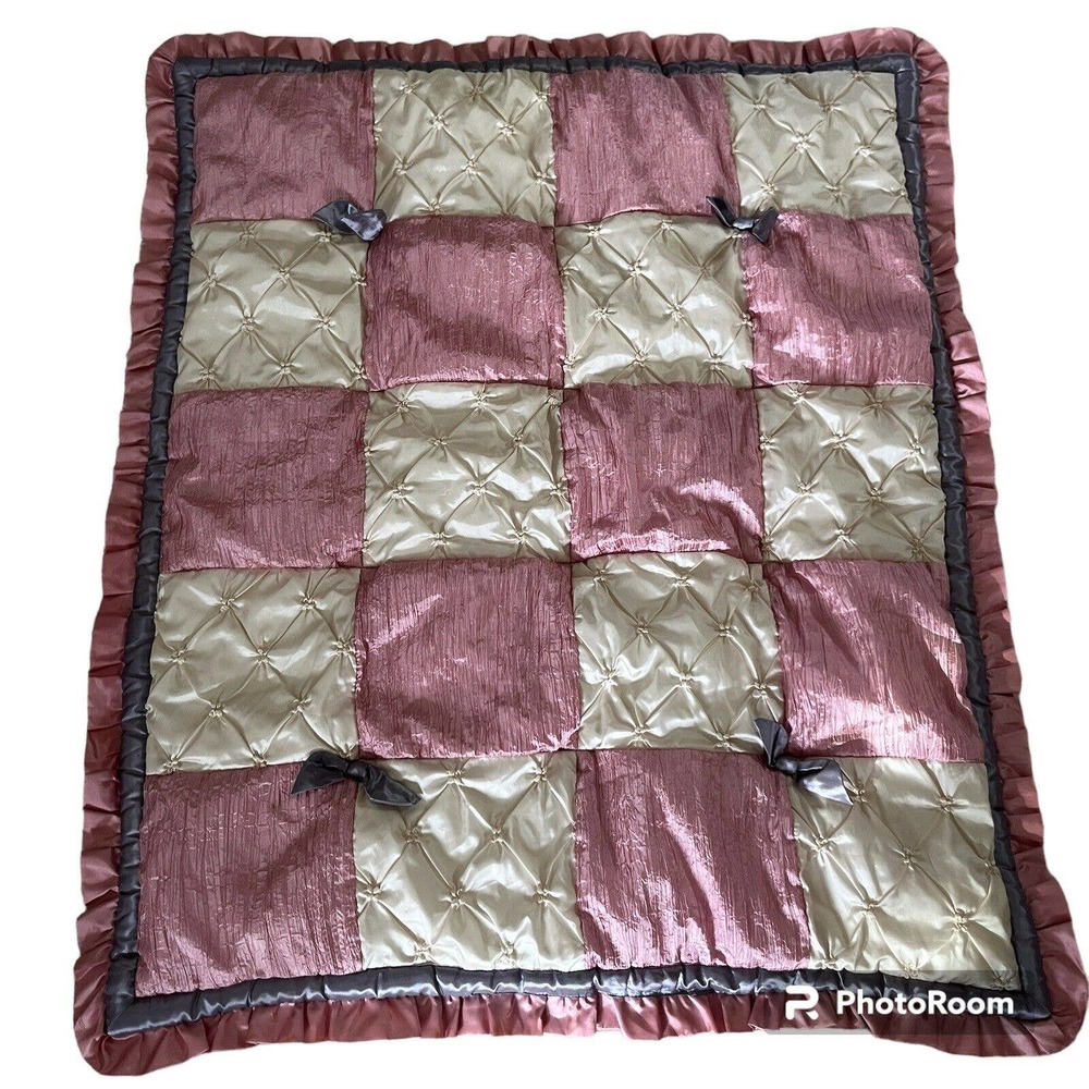 Peanut Shell Baby Quilt Comforter Pink Gray Ruffle Edge Bows